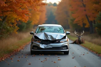 Voiture accidentée sur une route rurale de New York après une collision avec un cerf en automne