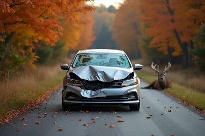 Voiture accidentée sur une route rurale de New York après une collision avec un cerf en automne
