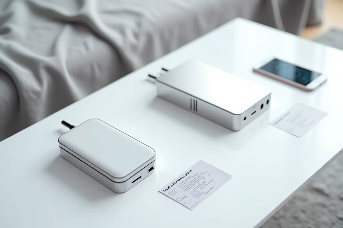 Comparaison de deux boosters de signal réseau sur une table minimaliste avec fiches techniques