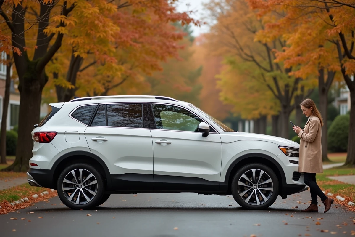 Femme comparant les prix de SUV sur son téléphone devant un véhicule blanc garé en banlieue