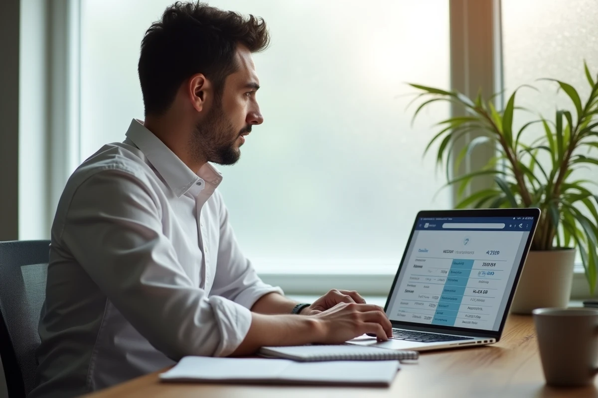 Homme comparant les tarifs d'une assurance au kilomètre sur ordinateur portable avec un devis imprimé posé sur son bureau