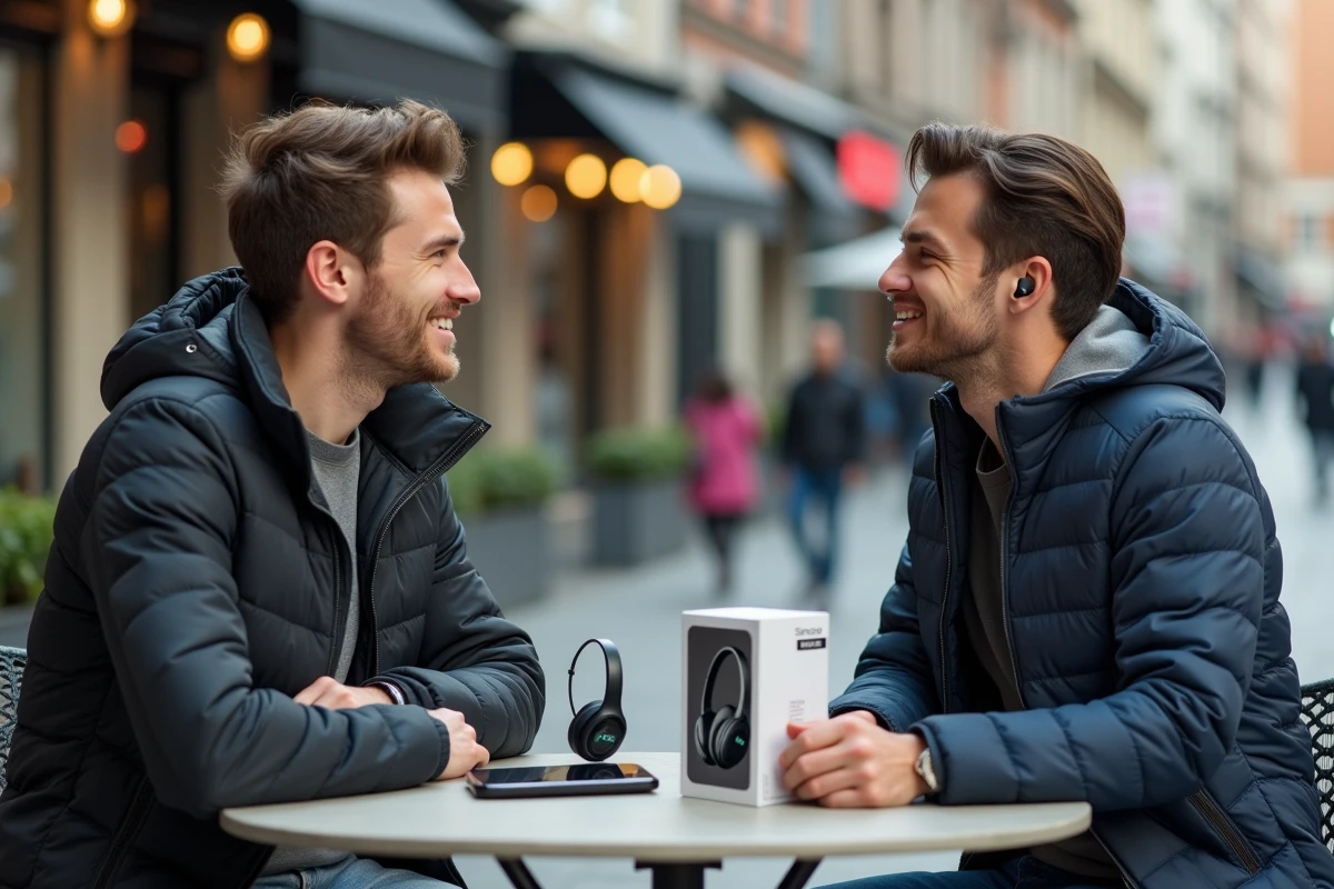 Deux amis comparant différents modèles d'intercom Sena en terrasse de café en ville