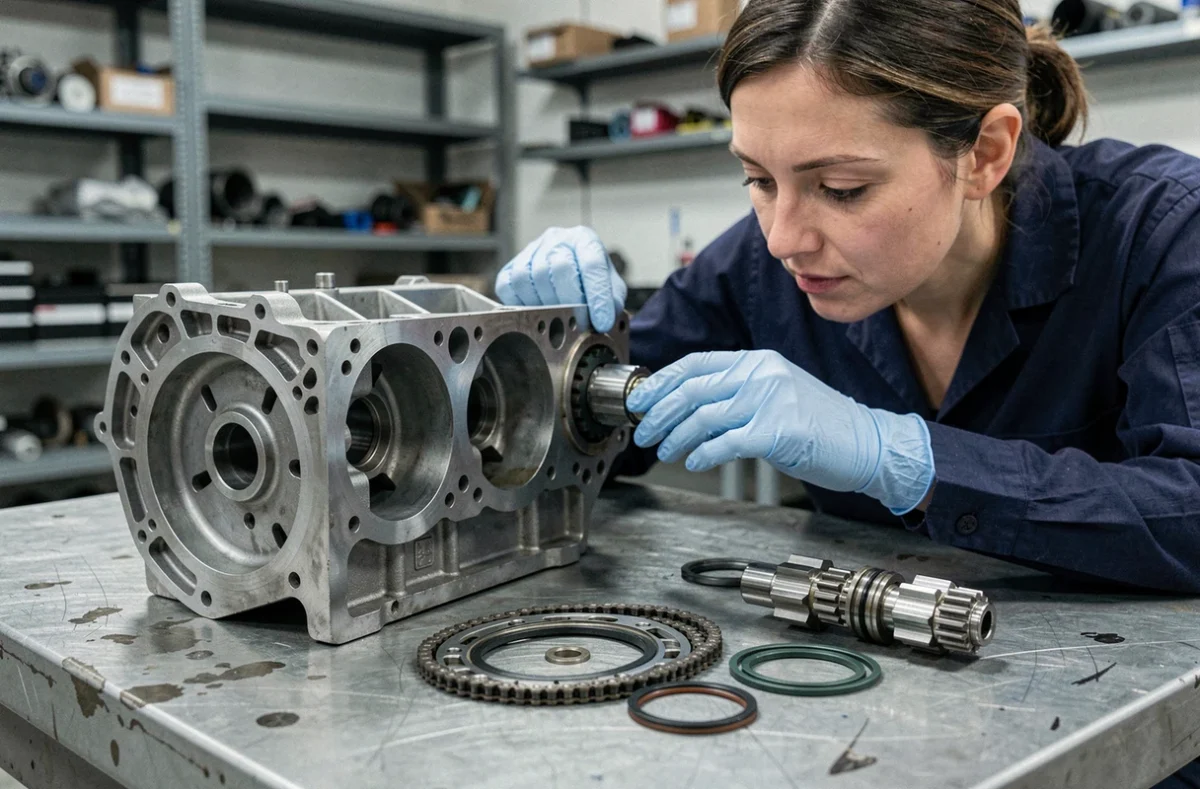 Technicienne examinant les composants du moteur PureTech 1.2 démonté sur un établi d'atelier