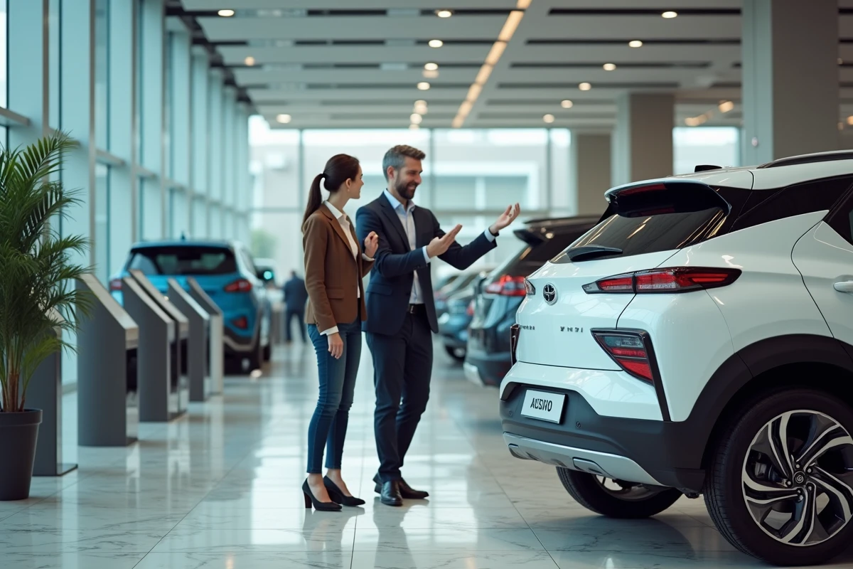 Couple en discussion avec un vendeur dans une concession automobile devant des modèles hybrides exposés