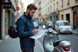 Jeune homme consultant des documents à côté d'un scooter 125cc en ville, illustrant les conditions pour conduire un scooter 125