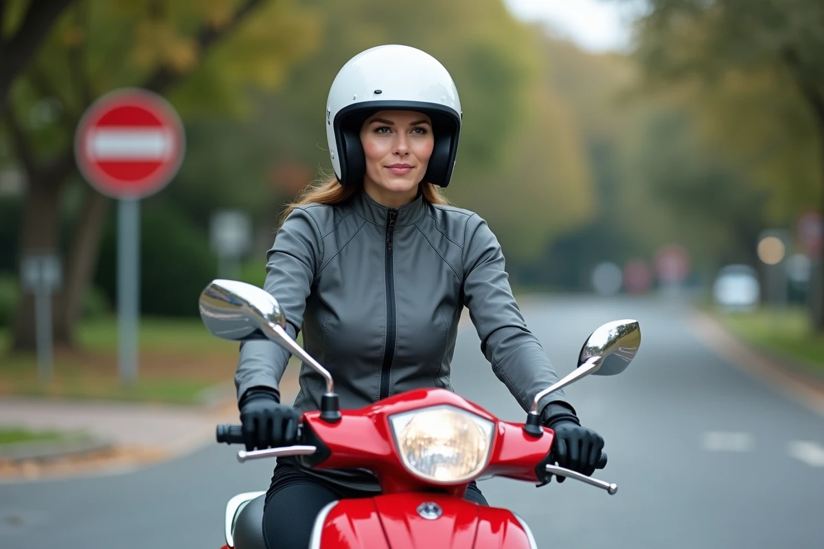 Femme casquée sur un scooter 125cc à un carrefour urbain, représentant les conditions légales pour conduire un scooter 125