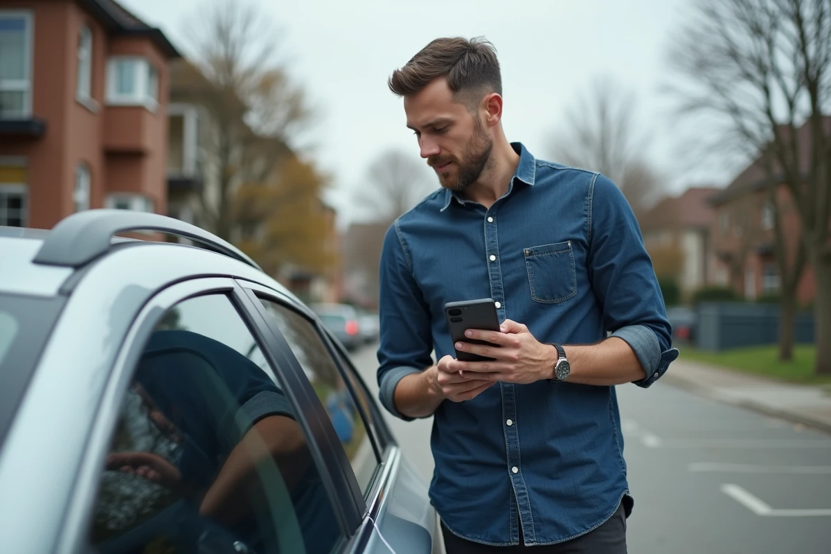 Conducteur vérifiant son bonus sans sinistre sur une application mobile après annulation de son assurance voiture