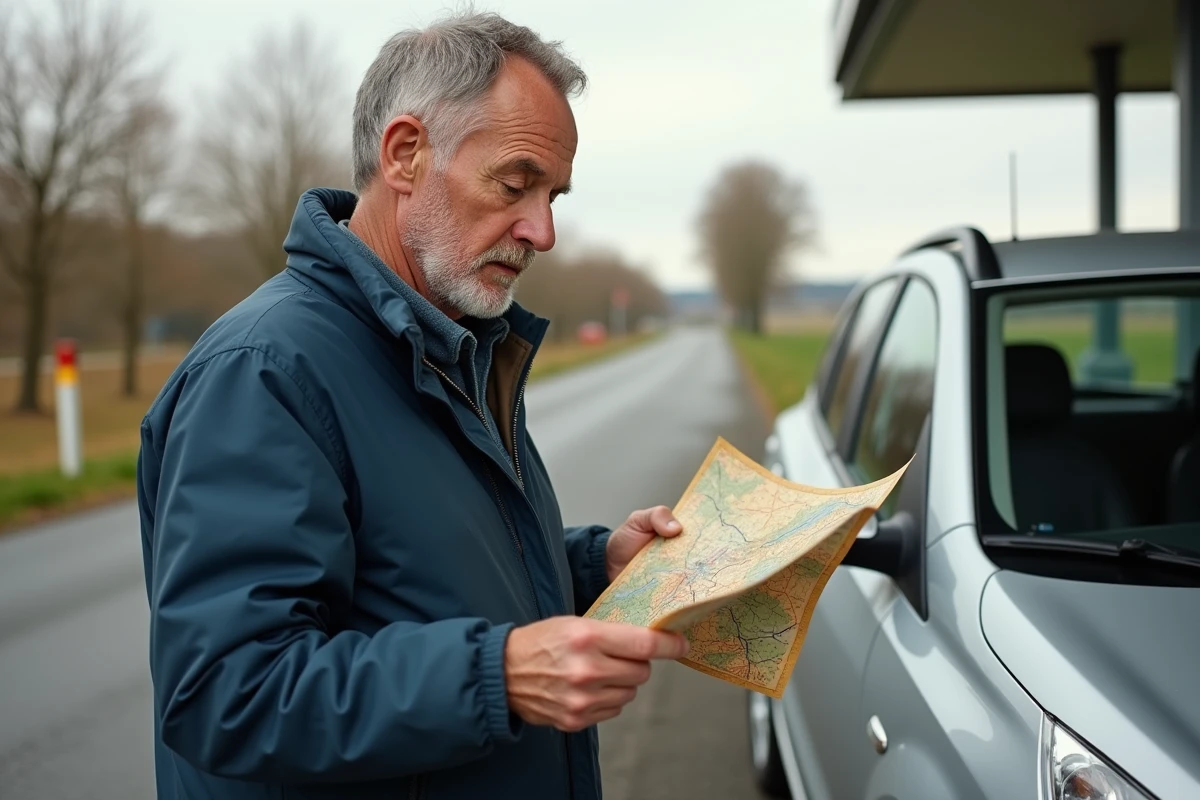 Homme consultant une carte routière près de sa voiture à une station-service sur une route secondaire française pour éviter les autoroutes payantes