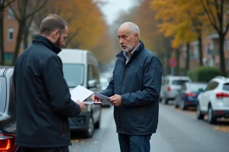 Homme stressé échangeant des documents avec un autre conducteur après un accident de voiture dont il est responsable