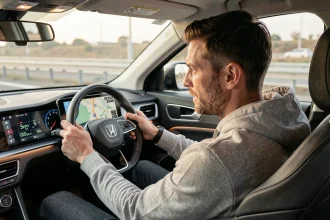 Conducteur consultant un GPS affichant la vitesse en mph et km/h dans l'habitacle d'une voiture moderne