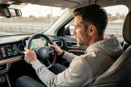 Conducteur consultant un GPS affichant la vitesse en mph et km/h dans l'habitacle d'une voiture moderne