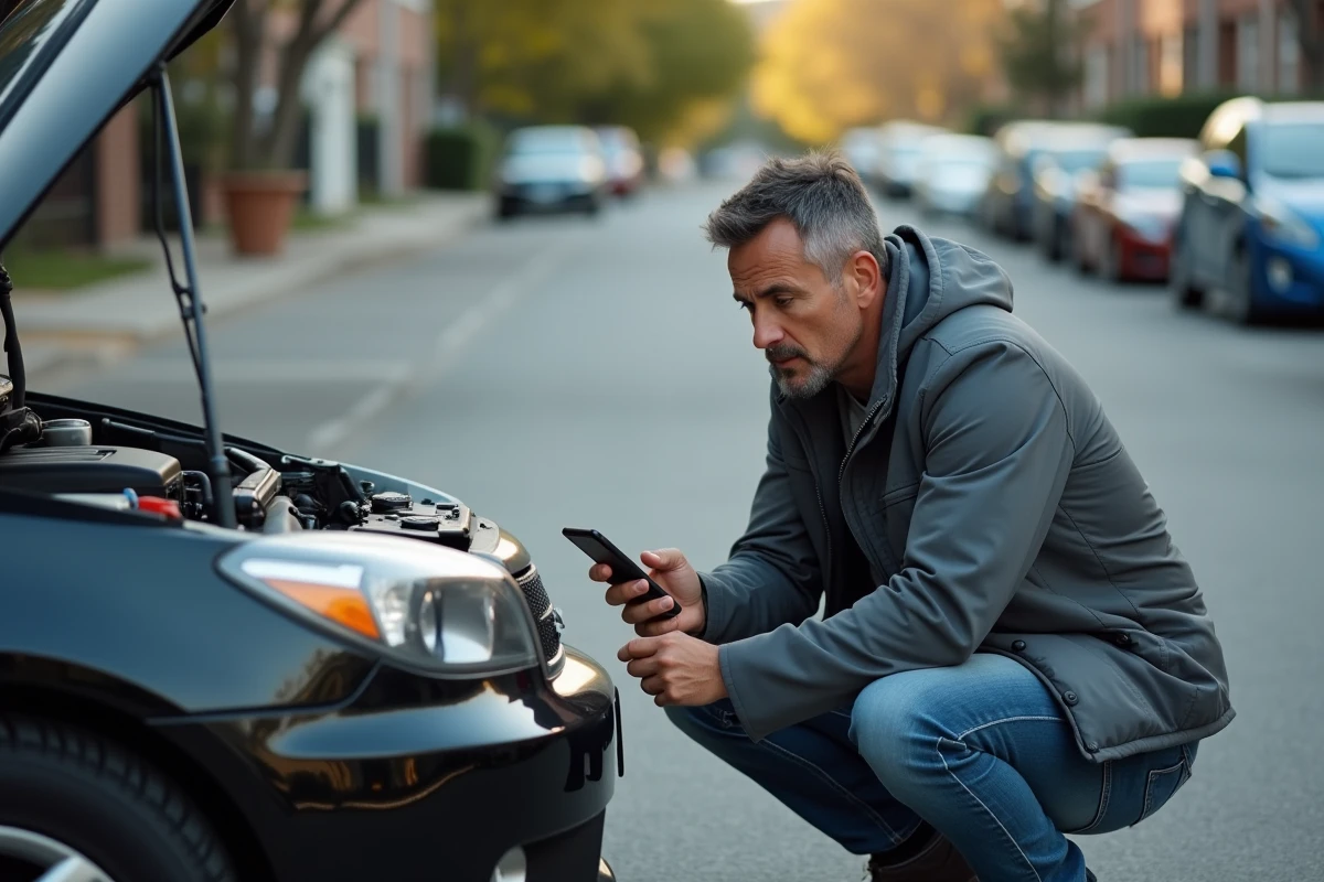 Homme inquiet inspectant le moteur de sa voiture après l'allumage d'un voyant d'avertissement