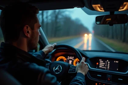 Conducteur attentif sur une route à caractère prioritaire de nuit sous la pluie, mains sur le volant