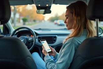 Conductrice vérifiant son application de suivi kilométrique sur smartphone dans sa voiture pour une assurance au kilomètre