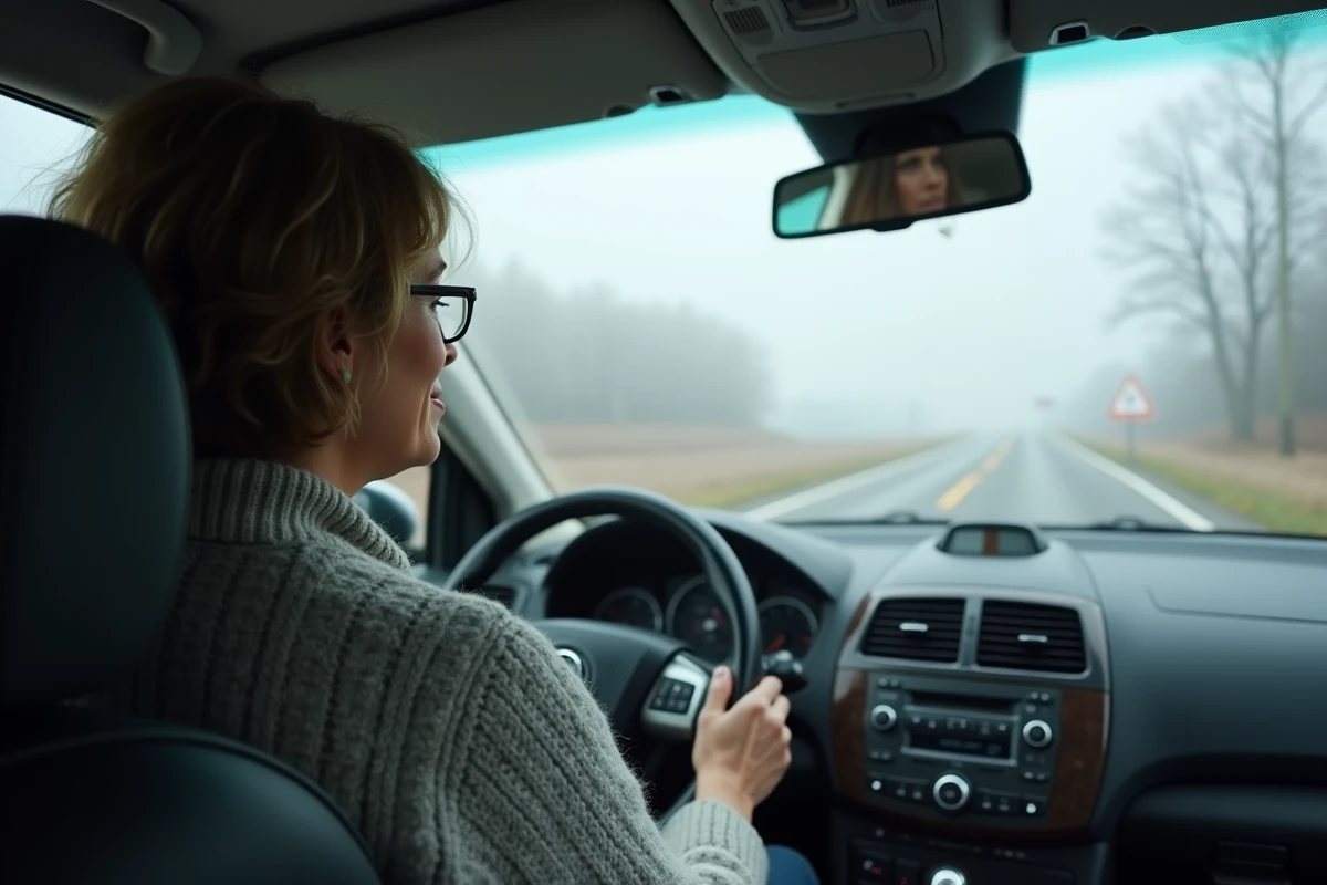 Conductrice prudente à un carrefour de route prioritaire par temps de brouillard matinal en milieu rural