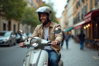 Homme adulte en casque intégral sur un scooter 125cc en ville, illustrant la conduite d'un 125 sans permis