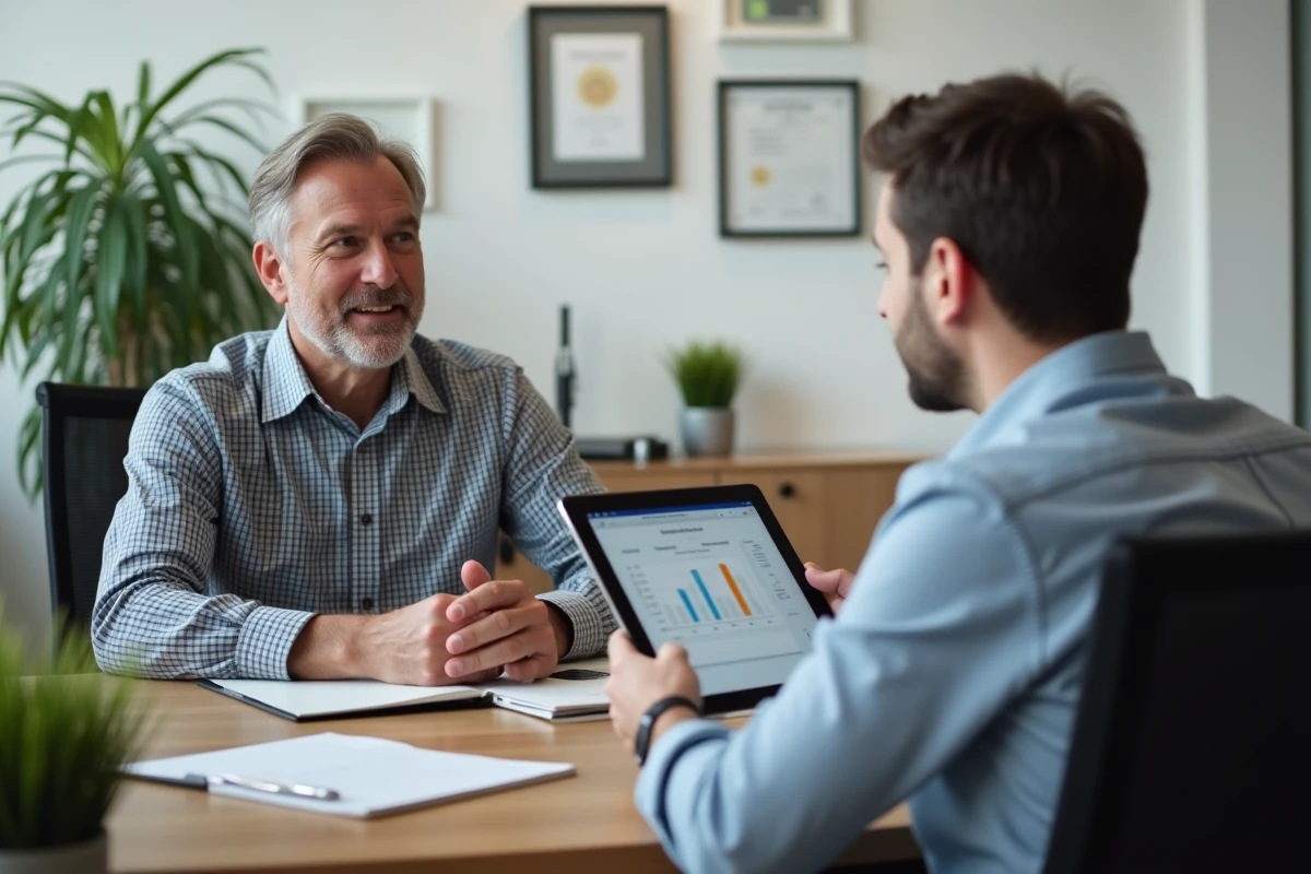 Client et conseiller en assurance comparant les options de franchise dans un bureau