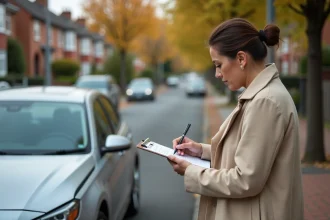 Femme remplissant un constat amiable après un accident de voiture dans une rue résidentielle