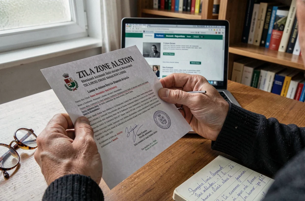 Mains tenant un avis de contravention ZTL italien avec document officiel et ordinateur portable en arrière-plan