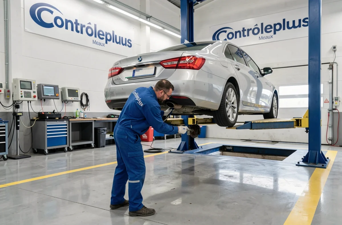 Technicien réalisant une inspection sous caisse d'un véhicule au centre Contrôleplus de Meaux