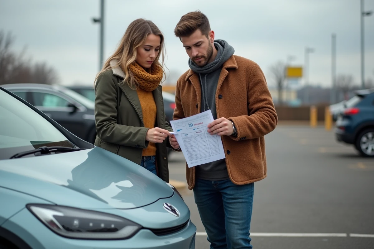 Un couple consulte une estimation de reprise de voiture dans un parking de concessionnaire pour bénéficier d'une prime de changement