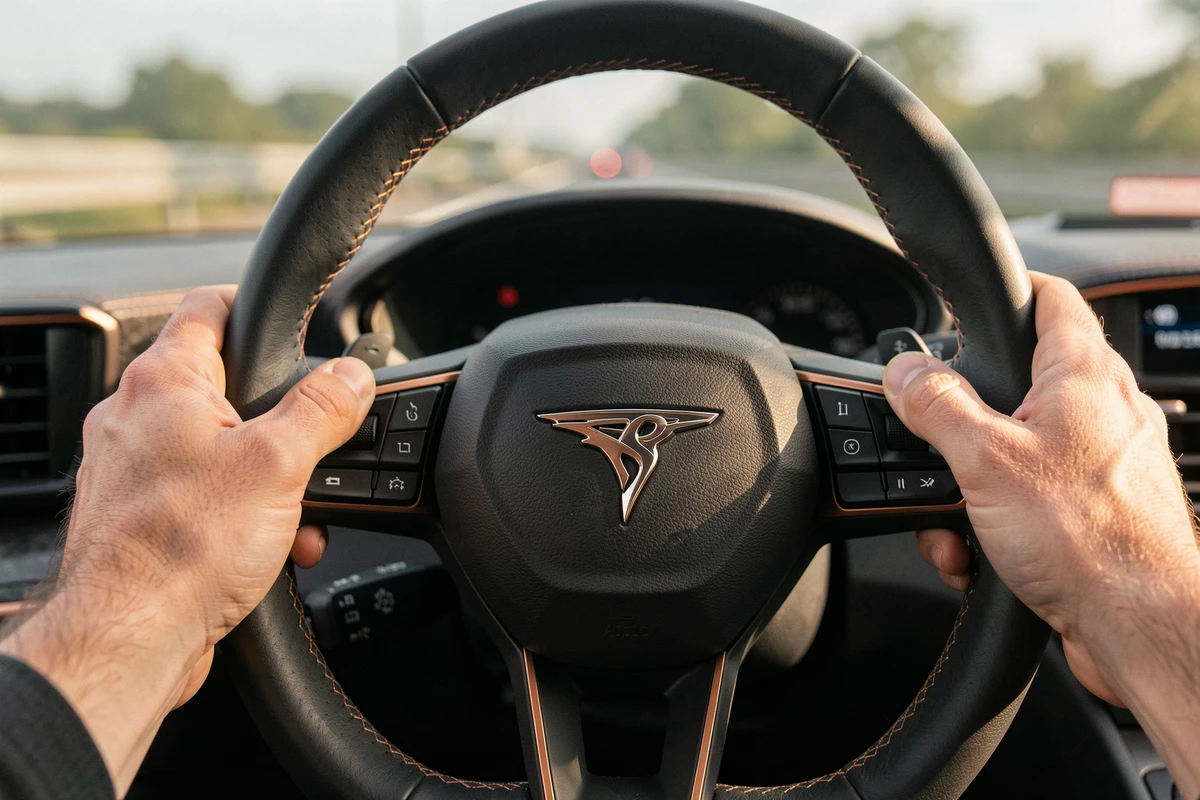 Volant en cuir cousu main de la Cupra Formentor avec logo et surpiqûres cuivrées