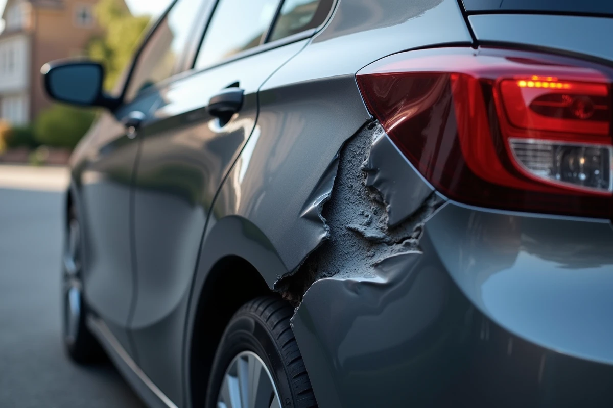 Dommages sur l'aile arrière d'une voiture grise après un choc avec déformation de la carrosserie et peinture écaillée