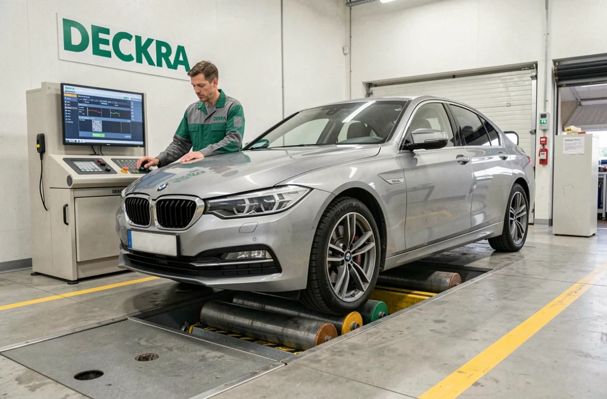 Technicien Dekra à Montereau-Fault-Yonne effectuant un test de freinage sur banc à rouleaux