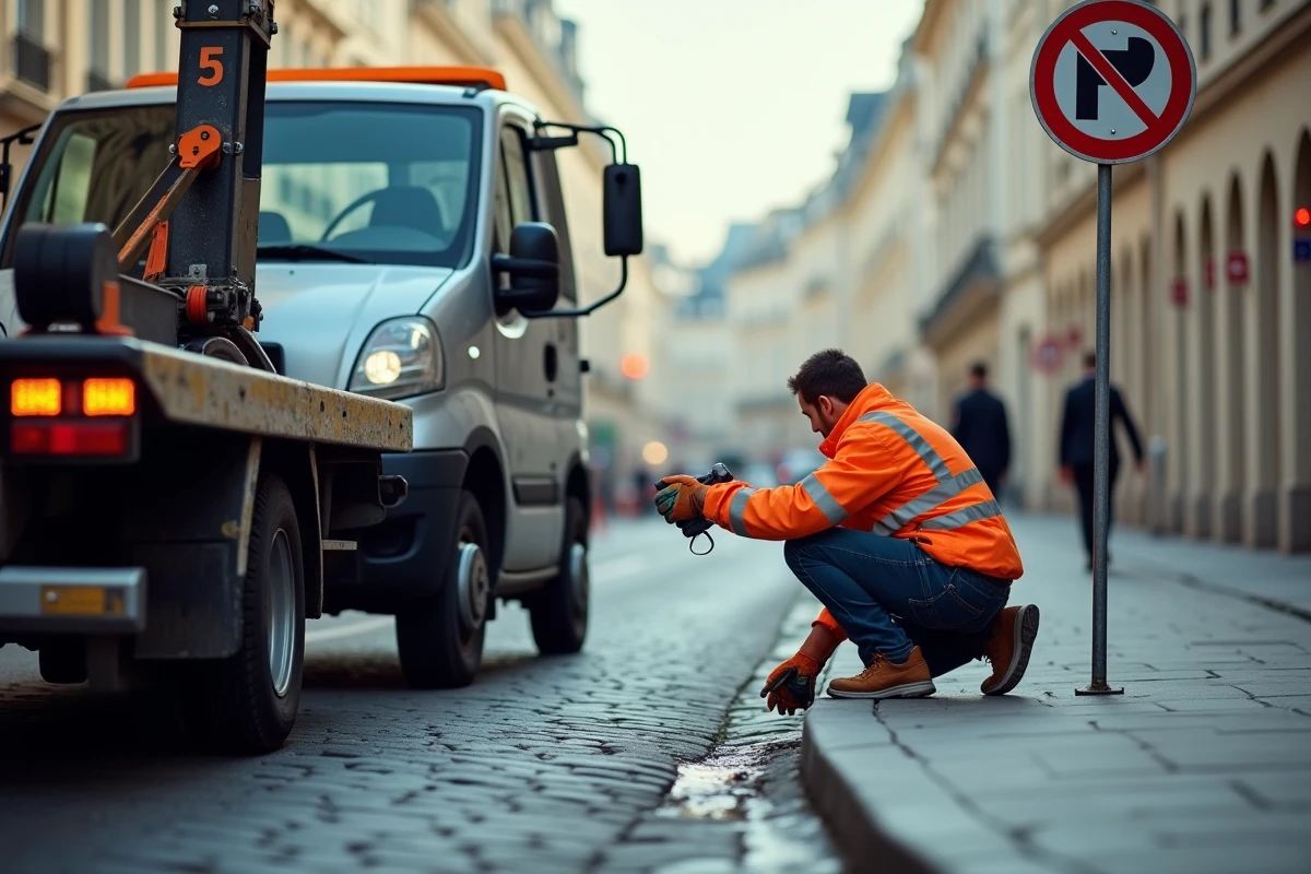 Camion de dépanneuse soulevant une voiture en stationnement interdit dans une rue urbaine française