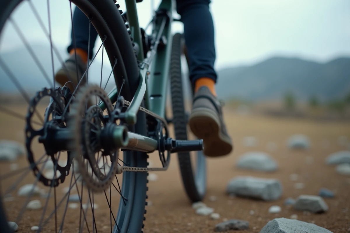 Gros plan sur l'amortisseur arrière et la biellette de suspension d'un vélo tout-terrain en milieu montagnard