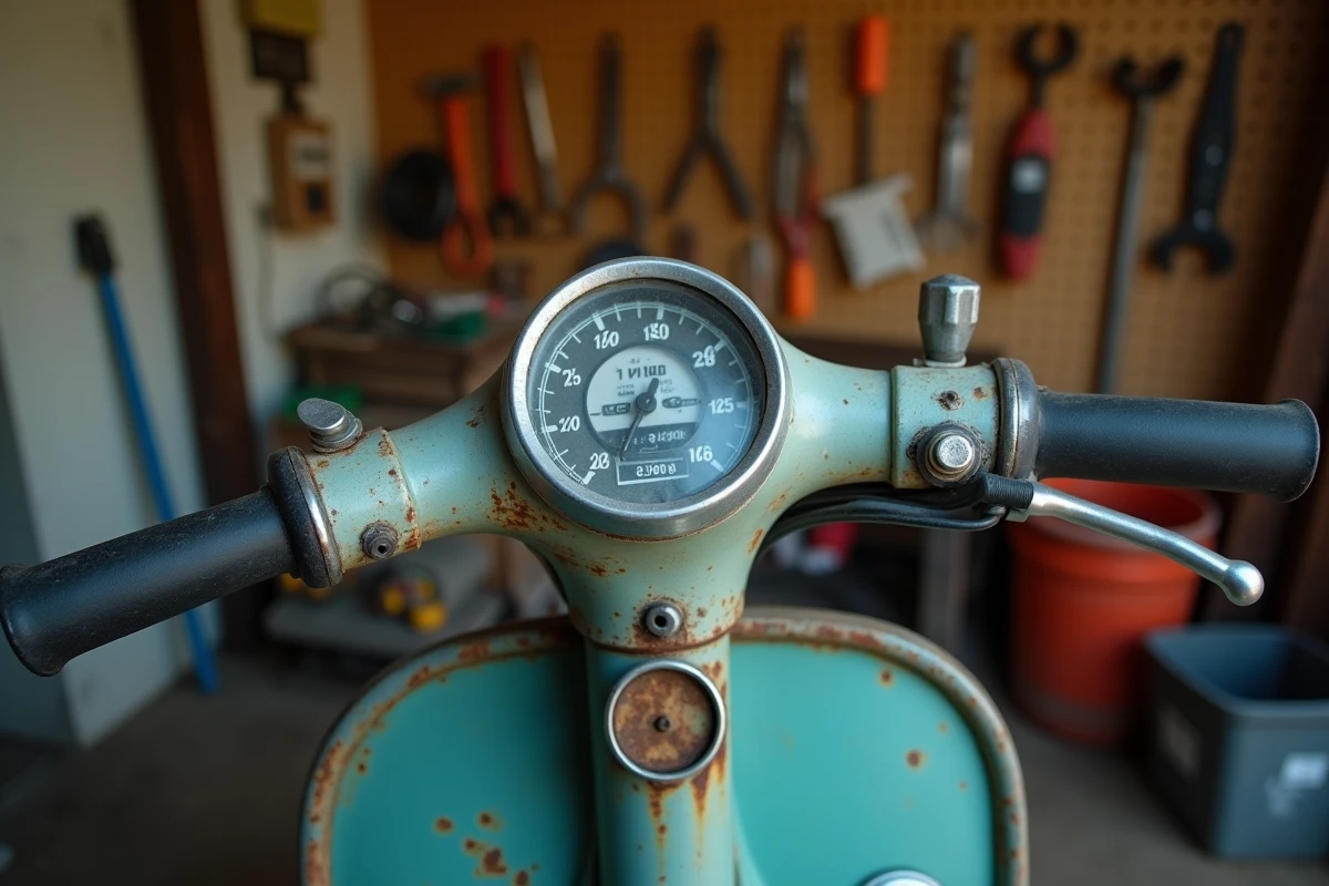 Détail du tableau de bord d'un scooter d'occasion usagé avec compteur kilométrique et guidon usé dans un garage