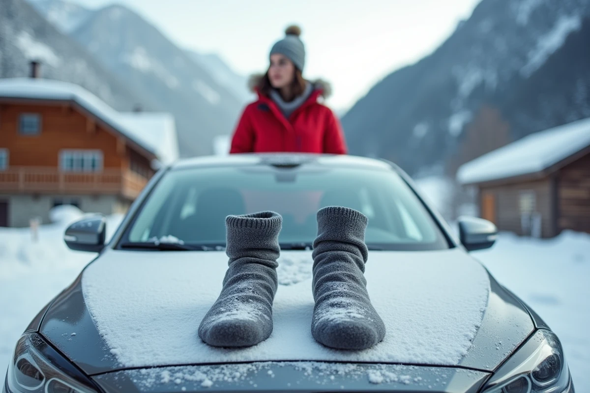 Deux chaussettes de neige posées sur le capot d'une voiture compacte avec une femme en veste rouge en arrière-plan