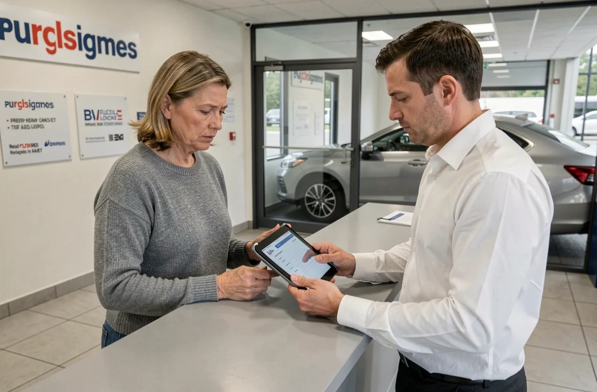 Une femme examine un devis de remplacement de courroie de distribution avec un conseiller dans un garage officiel
