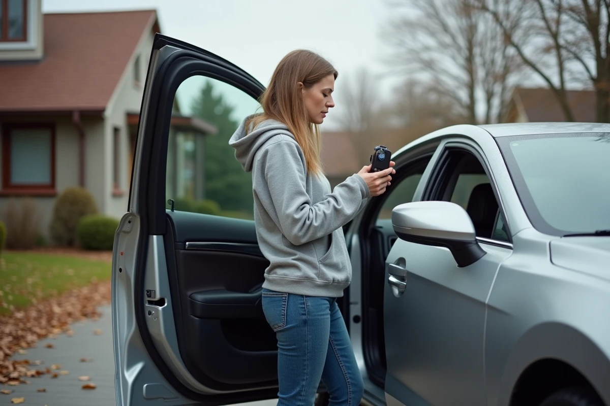 Femme utilisant un scanner de diagnostic pour diagnostiquer un problème d'actionneur de verrouillage de porte sur une voiture dans une allée résidentielle