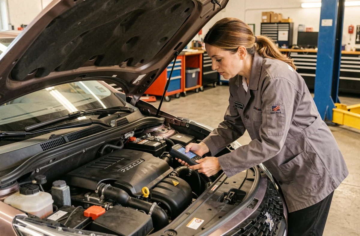 Mécanicienne effectuant un diagnostic électronique sur une Peugeot 208 PureTech en atelier