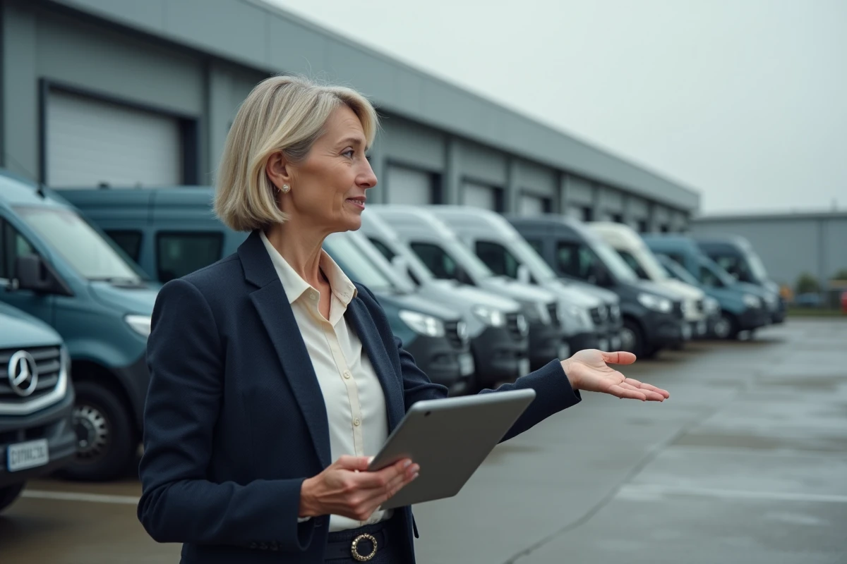 Dirigeante automobile devant une rangée de véhicules diesel dans un parking d'usine industrielle