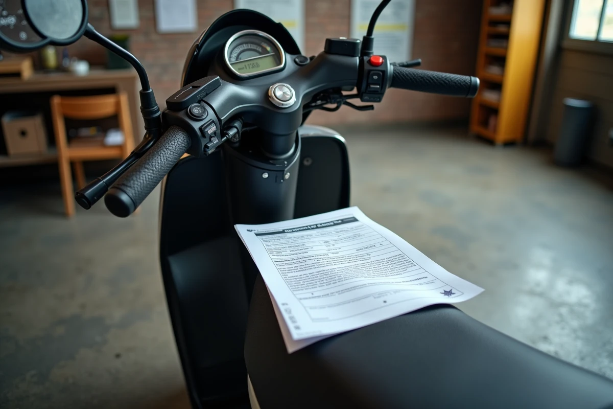 Documents de contrôle technique et tableau de bord d'un scooter 125cc posés sur la selle