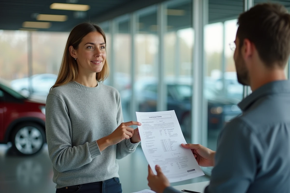Femme consultant des documents d'immatriculation lors de l'achat d'un véhicule d'occasion chez un concessionnaire
