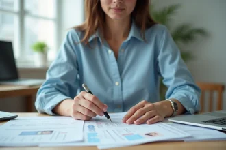 Femme organisant ses documents administratifs pour refaire son permis de conduire à son bureau à domicile