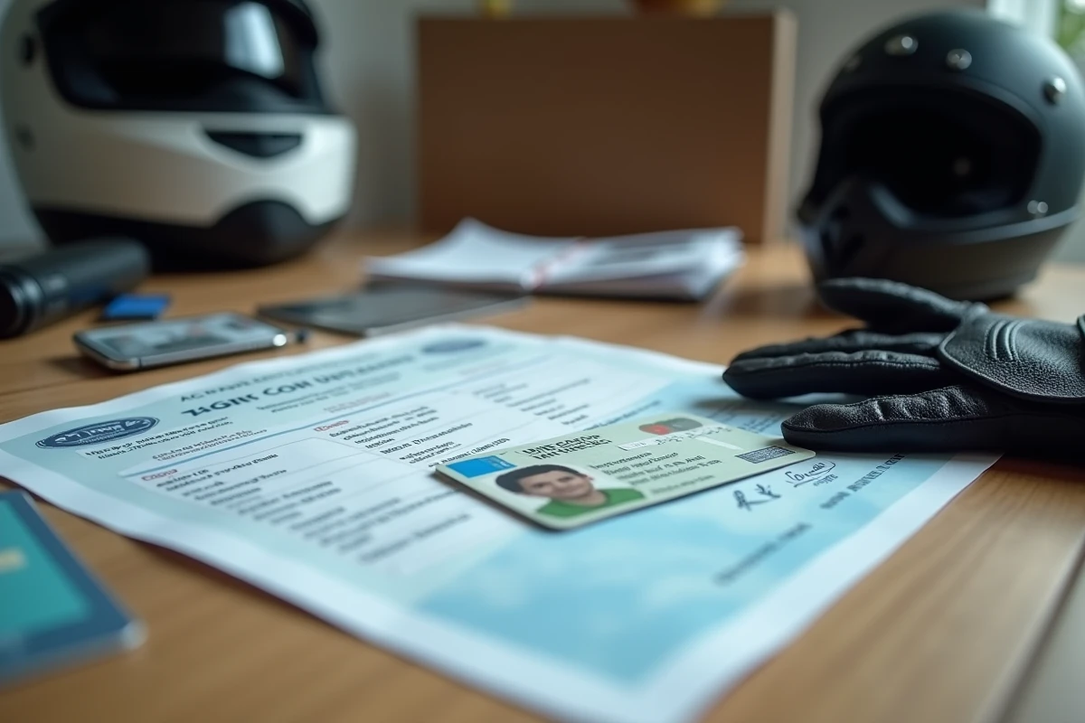 Documents de permis de conduire et carte grise posés sur un bureau en bois à côté d'un casque de moto 125