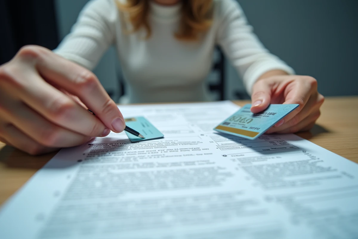 Gros plan de mains tenant un permis de conduire et une carte de crédit sur un formulaire de location, symbolisant la vérification des documents et du crédit chez un loueur de voitures