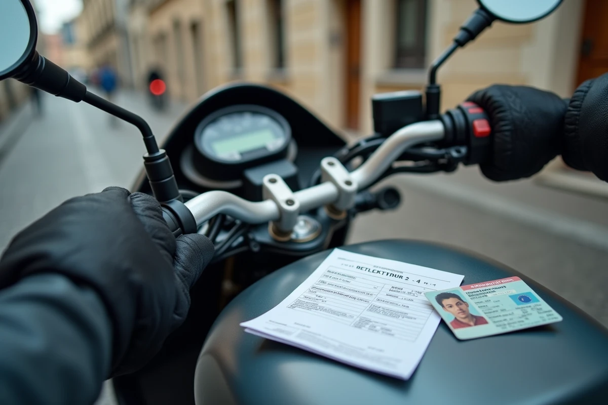Gros plan sur les documents nécessaires pour conduire un 125cc, permis et carte grise posés sur la selle d'un scooter