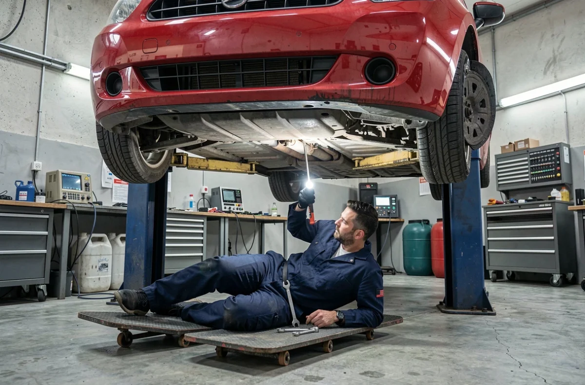 Mécanicien inspectant le dessous d'un véhicule sur pont élévateur chez Durohany Automobiles à Issoire