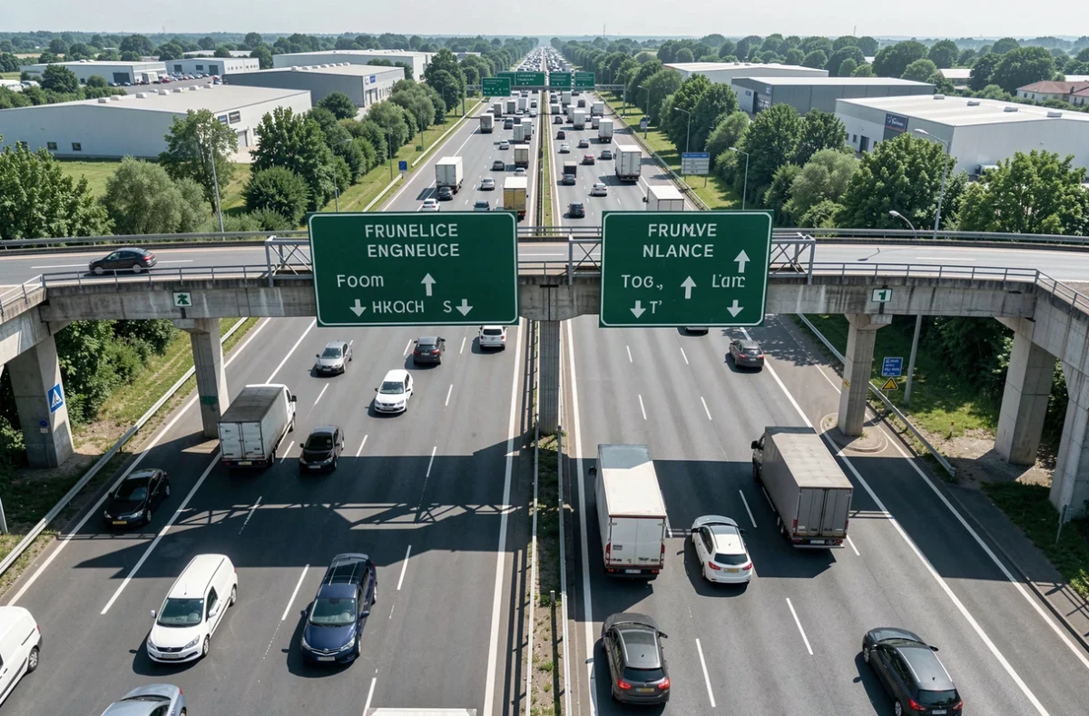 Vue en hauteur d'un échangeur d'autoroute gratuite en France avec trafic dense et panneaux de signalisation