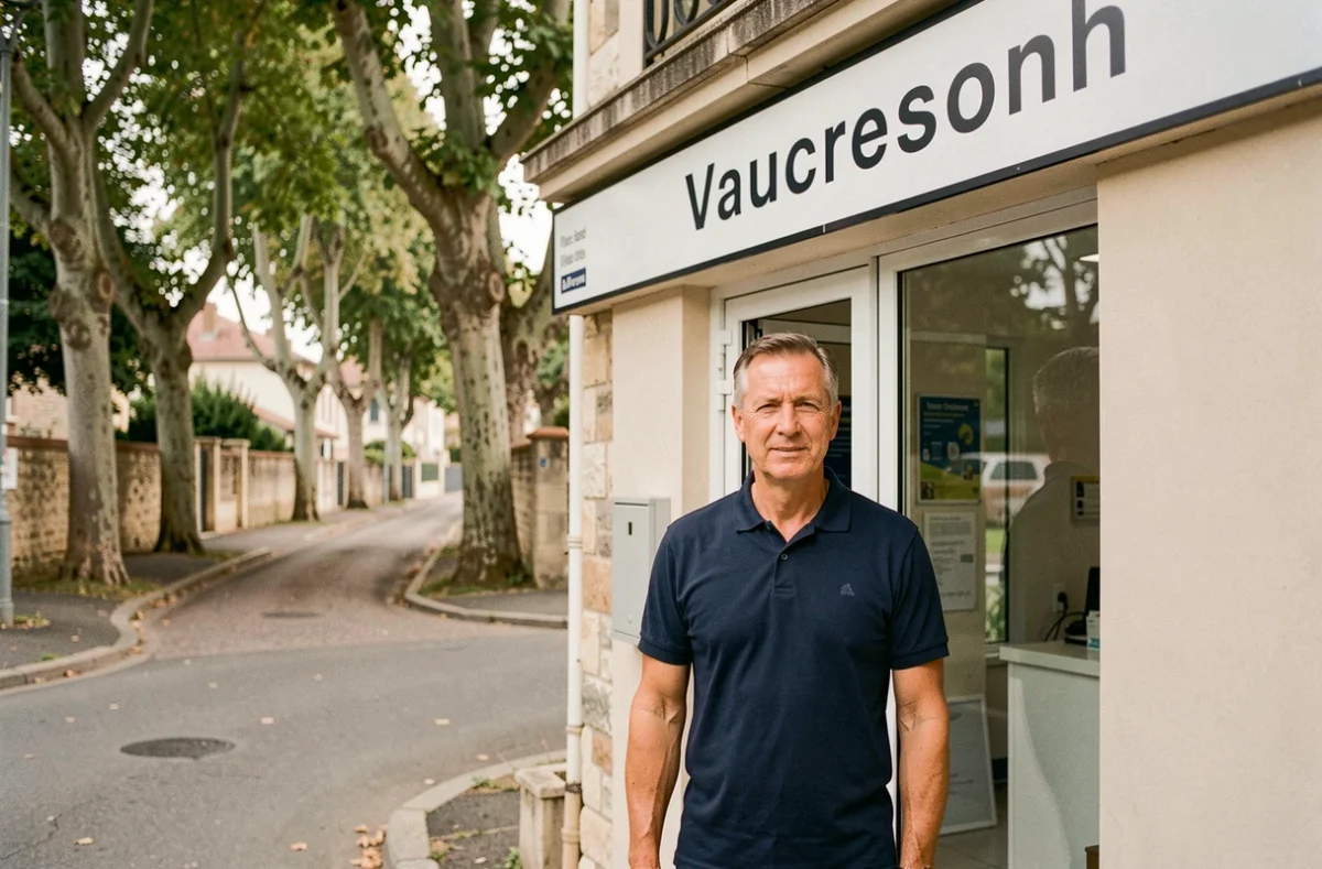 Entrée de l'École de Conduite de Vaucresson avec un moniteur devant la façade de l'auto-école