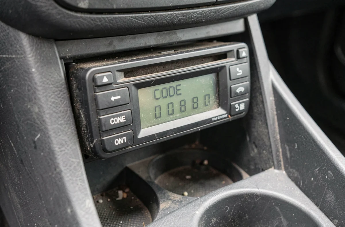 Gros plan sur l'écran de l'autoradio Clio 3 affichant la demande de code après déconnexion de la batterie