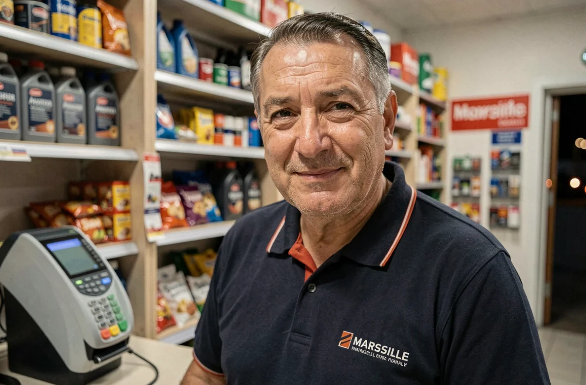 Portrait d'un employé de station essence de nuit à Marseille souriant derrière son comptoir en service nocturne