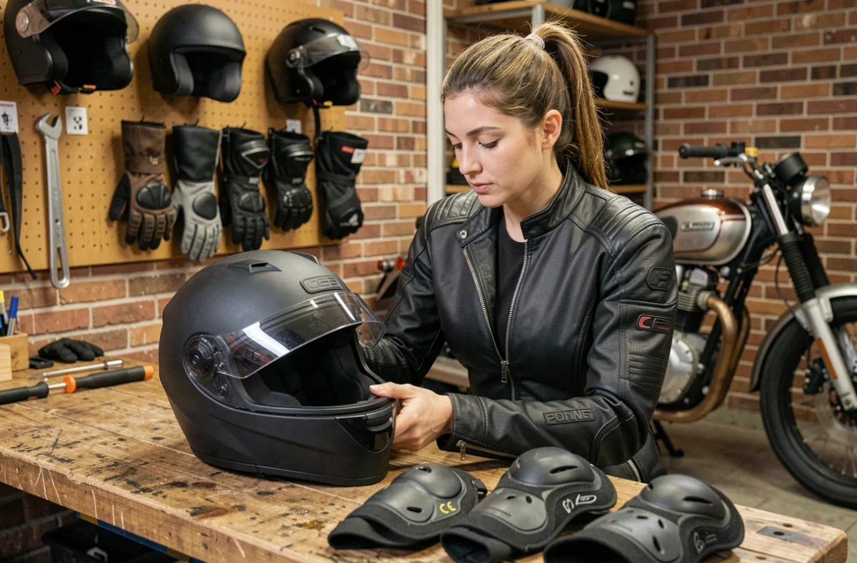 Motarde inspectant un casque modulable et des protections homologuées CE dans une boutique d'équipements moto spécialisée