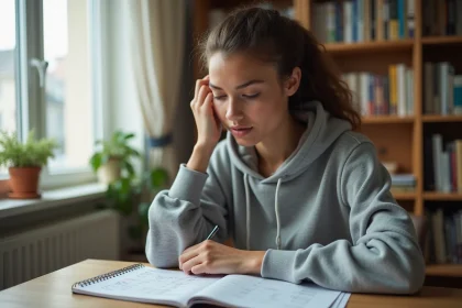 Jeune femme étudiant le code de la route avec un livret et des notes manuscrites dans sa chambre