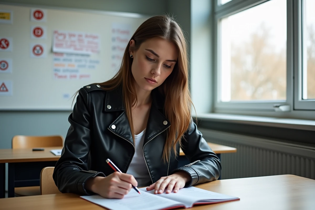 Femme en veste de moto étudiant le code de la route dans une salle de cours d'auto-école
